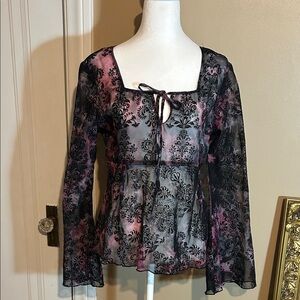 Vintage Vanity Sheer Black and Pink Floral Flair Sleeve Coverup Size L Y2K BOHO